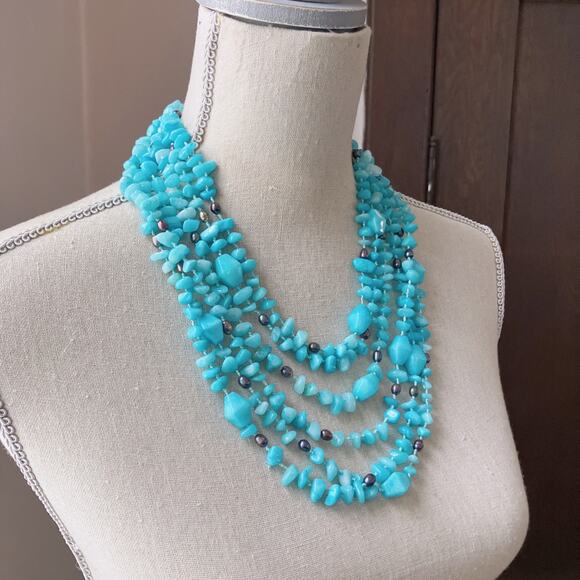 Hand-Knotted Multi-Strand Aqua Color Amazonite Bib Necklace w/ Toggle Clasp 19” - Picture 11 of 16